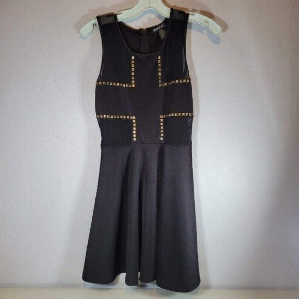 Wet Seal Womens Skater Dress Small Black Sleeveless with Gold Studs